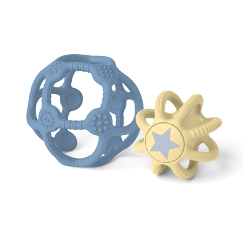Lot de 2 balles sensorielles en silicone bleu et jaune – Image 2